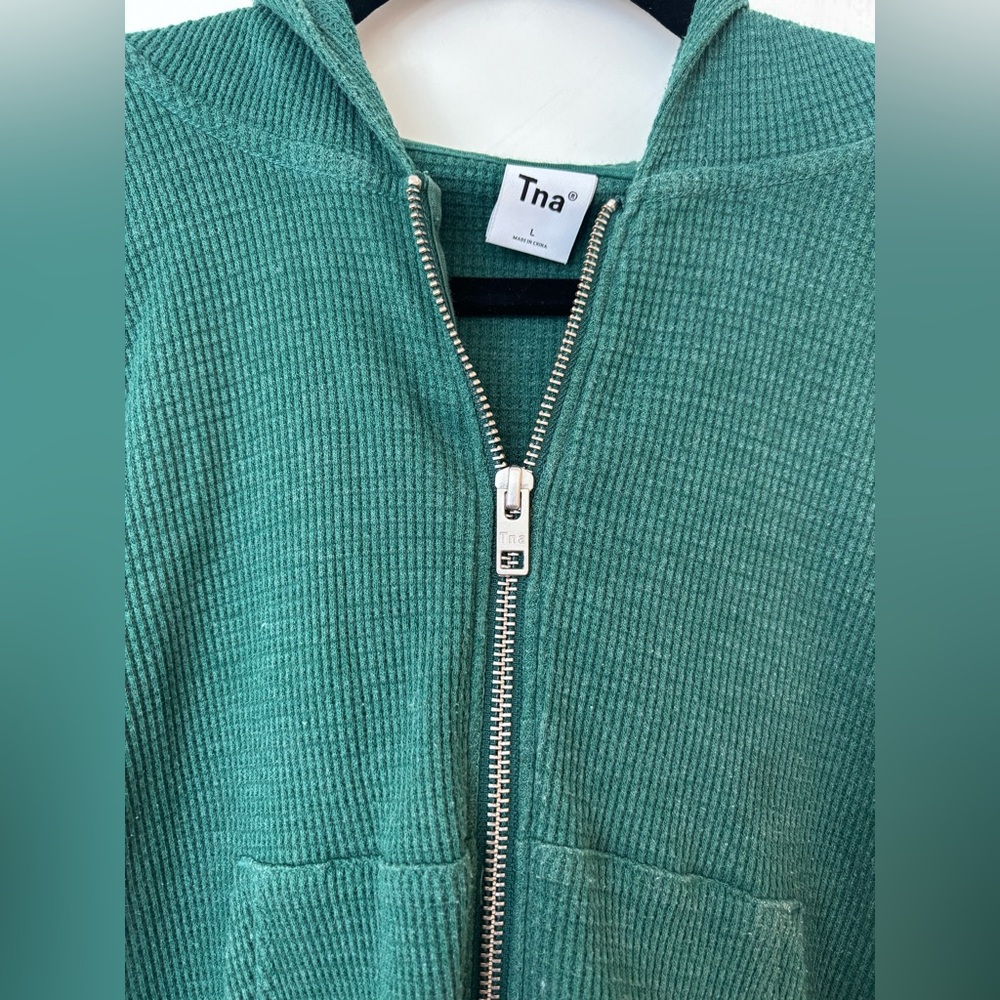 TNA Waffle Knit Full Zip Hoodie Women L Green Cotton Blend Crop Athleisure 408 - Picture 2 of 4